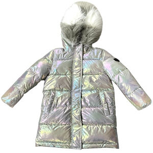 New Sam Edelman Long Puffer Coat Girls 5/6, Iridescent Purple/Pink, Faux Fur